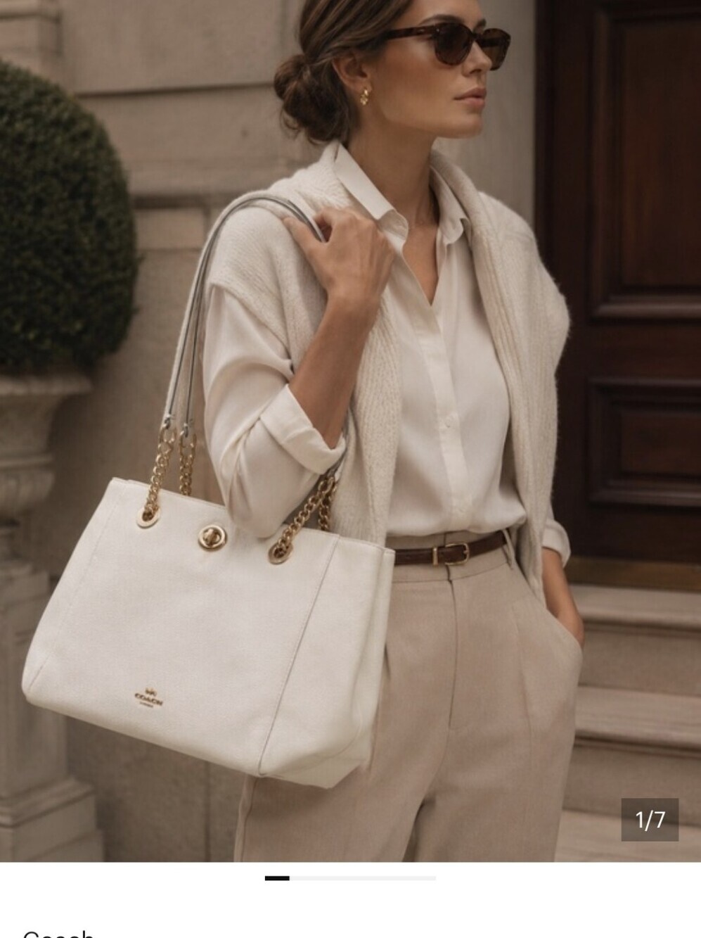 Coach ,Ivory Pebbled Leather,57107 Chain-Handle Tote